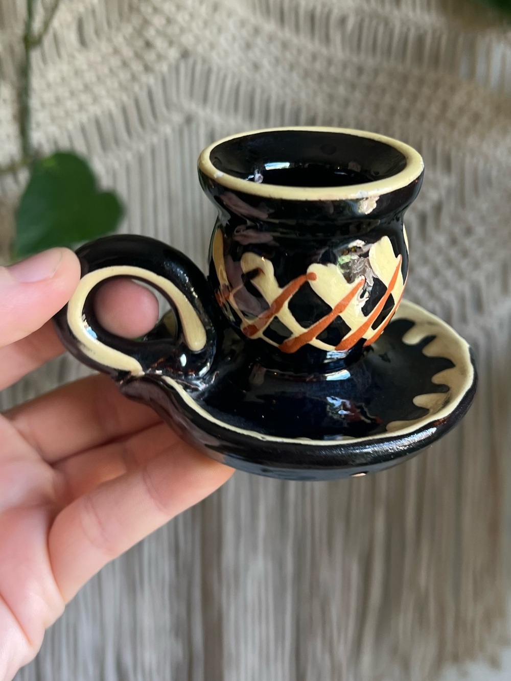 Vintage Pottery Chamberstick Candle Holder Black Folk Art Ceramic Candlestick